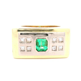 Anillo de Oro Amarillo 18K Bicolor con Diamantes y Esmeralda