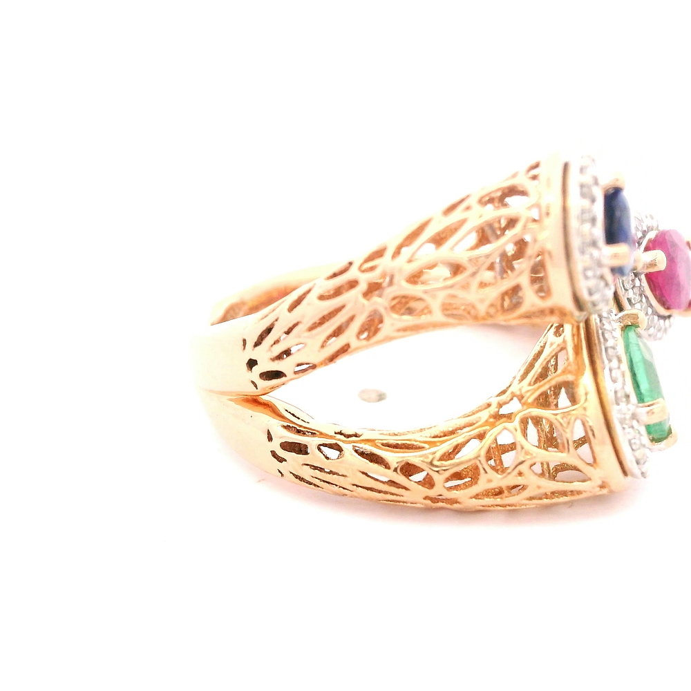 Anillo de Oro Amarillo 18K Oval Calado con Diamantes y Esmeralda y Zafiro y Rubí