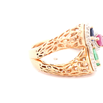 Anillo de Oro Amarillo 18K Oval Calado con Diamantes y Esmeralda y Zafiro y Rubí