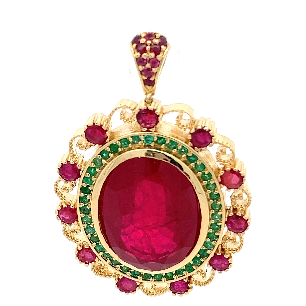 Colgante de Oro Amarillo 18K Oval y Esmeralda y Rubí