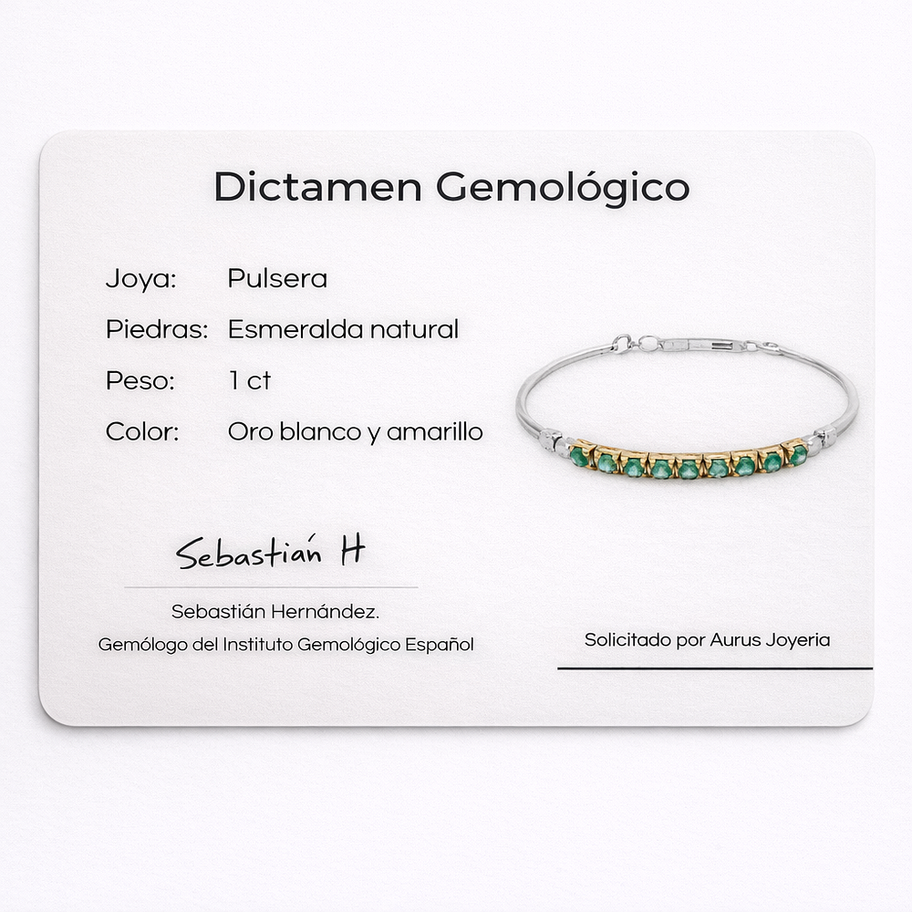 Pulsera Esclava Articulada en Oro Blanco y Oro Amarillo con Esmeraldas Naturales