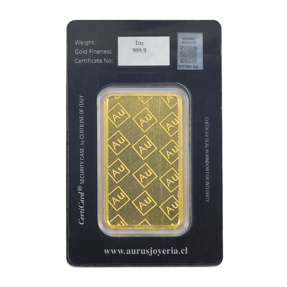 Barra De Oro 24K 1 Onza Troy Aurus Joyería