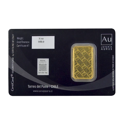 Barra De Oro 24K 1/2 Onza Troy Aurus Joyería Turistic