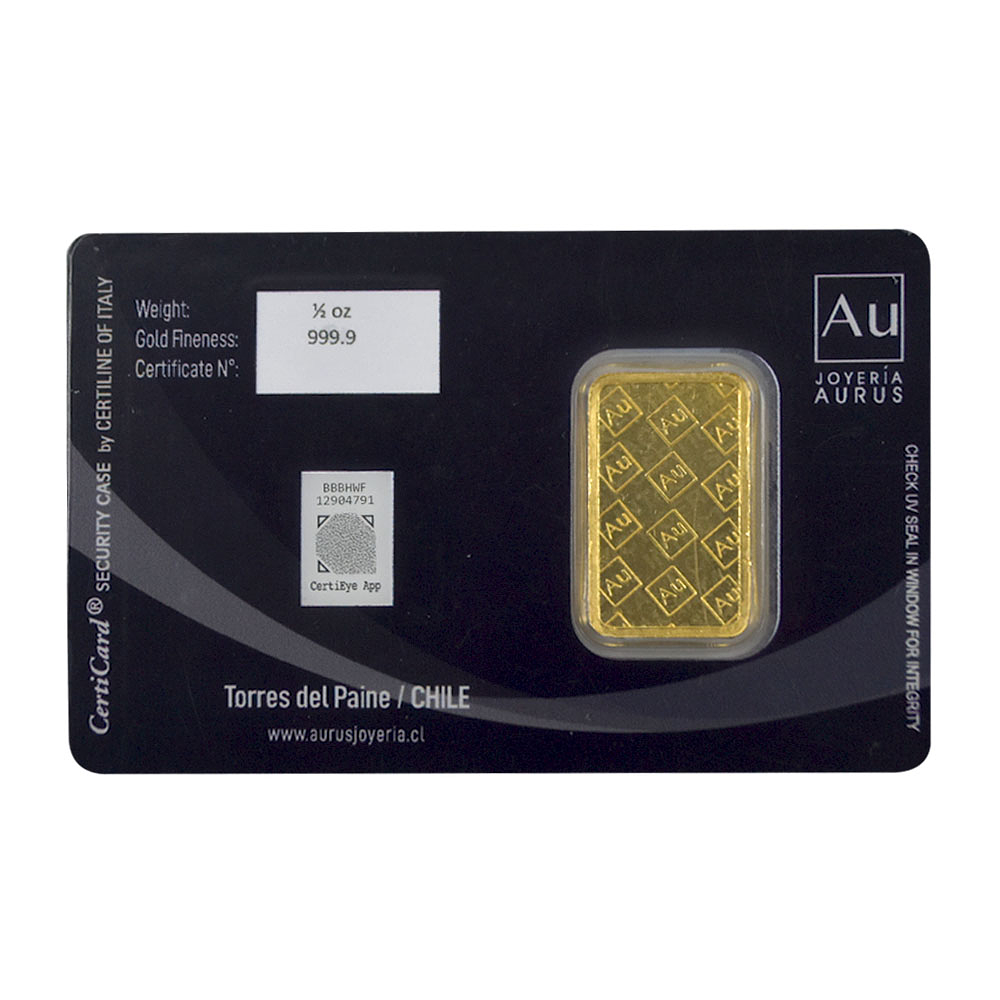 Barra De Oro 24K 1/2 Onza Troy Aurus Joyería Turistic