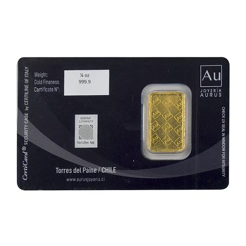 Barra De Oro 24K 1/4 Onza Troy Aurus Joyería Turistic