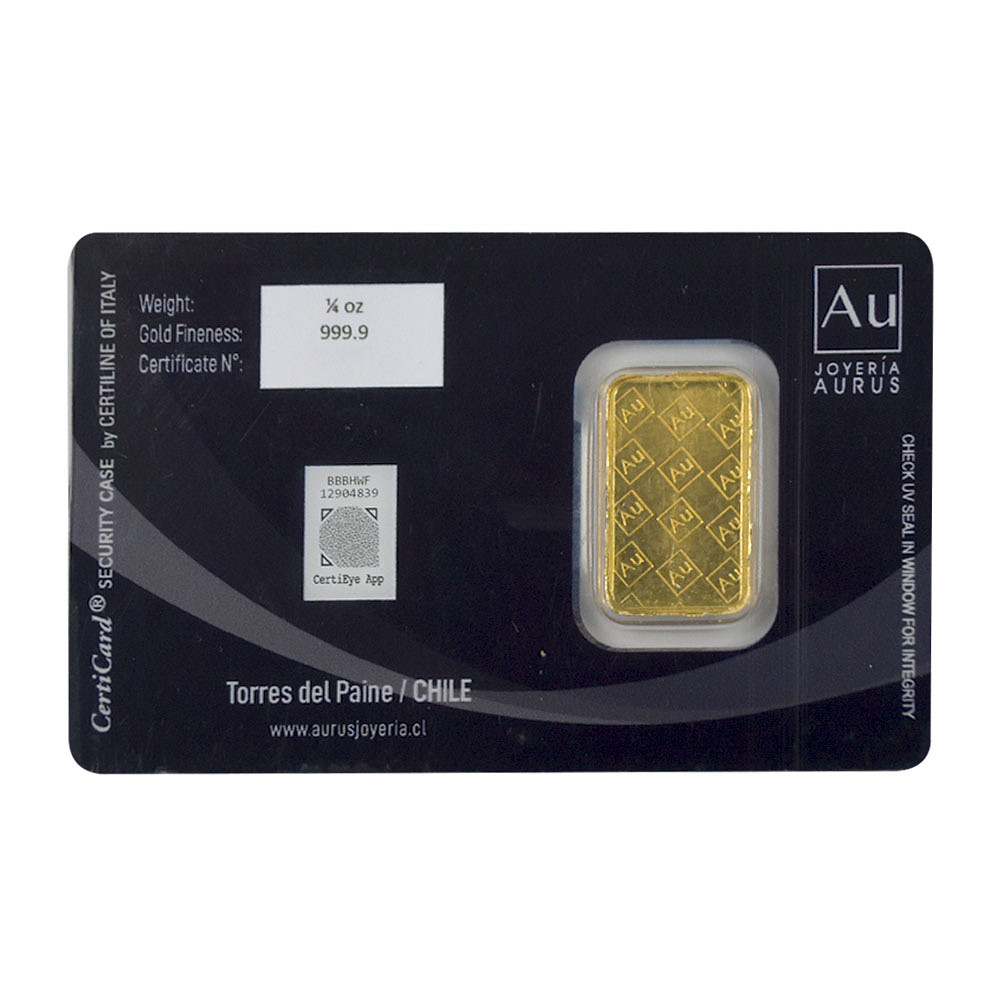Barra De Oro 24K 1/4 Onza Troy Aurus Joyería Turistic