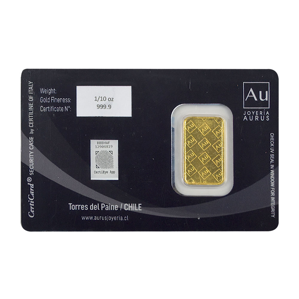 Barra De Oro 24K 1/10 Onza Troy Aurus Joyería Turistic