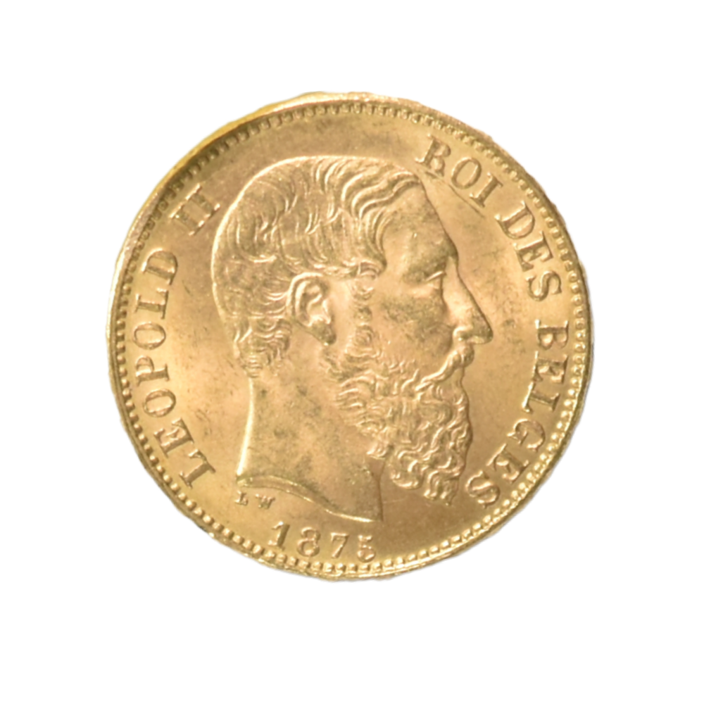 Moneda de Oro 20 Francos Bélgica 1875 Leopoldo II (22K) 