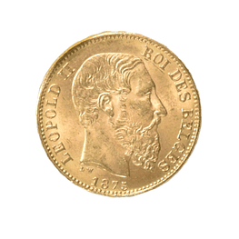 Moneda de Oro 20 Francos Bélgica 1875 Leopoldo II (22K) 