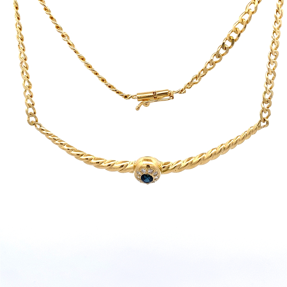 Cadena de Oro Amarillo 18K Groumet con Dije Halo de Zafiro y Diamantes