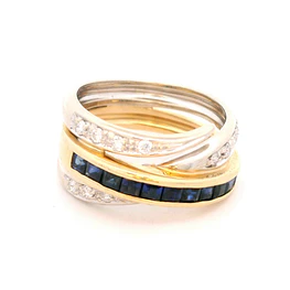 Anillo de Oro Bicolor 18K Entrelazado con 11 Diamantes y 12 Zafiros Princess