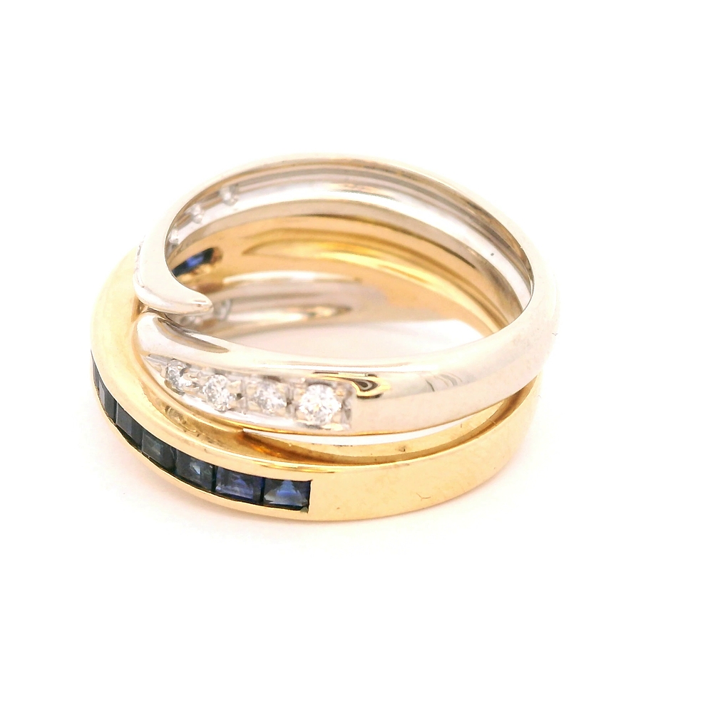 Anillo de Oro Bicolor 18K Entrelazado con 11 Diamantes y 12 Zafiros Princess