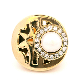 Anillo de Oro Amarillo 18K Sello Circular con Perla y 18 Diamantes