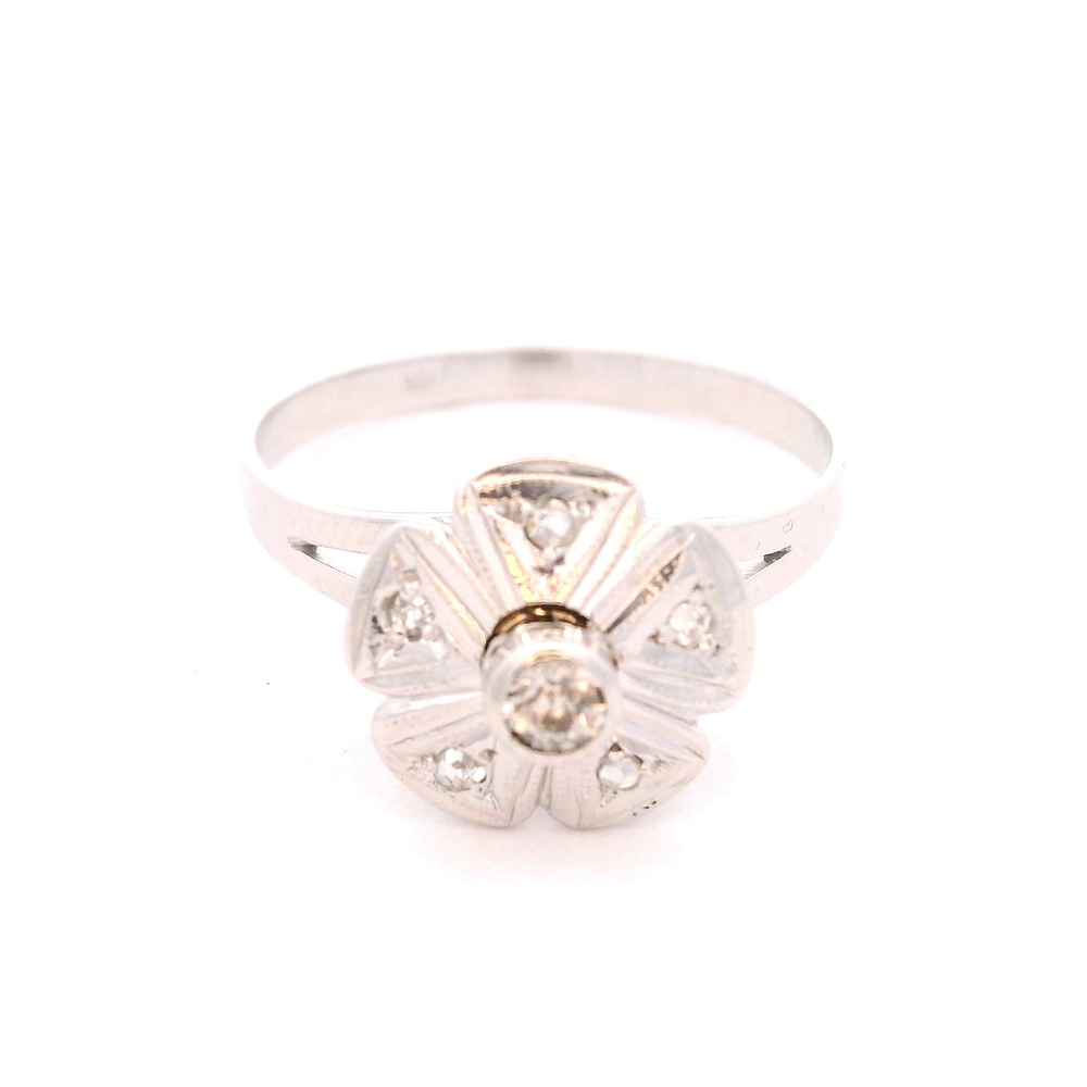 Anillo de Oro Blanco 18K Flor Rodinado con Diamante