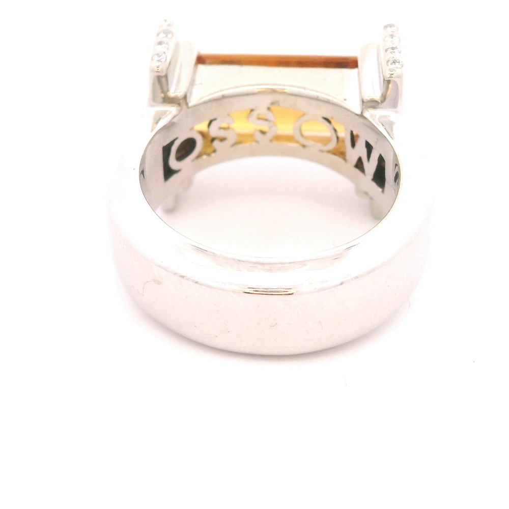 Anillo de Oro Blanco 18K Sello Rectangular con 32 Diamantes y Piedra Naranja