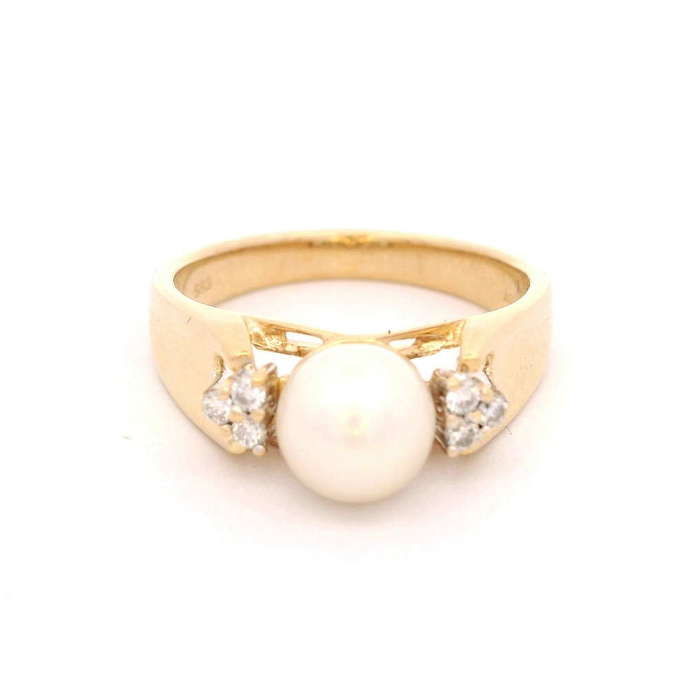 Anillo de Oro Amarillo 14K Solitario con Perla y Diamantes