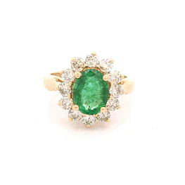 Anillo de Oro Amarillo 14K Halo con Esmeralda y Diamantes