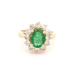 Anillo de Oro Amarillo 14K Halo con Esmeralda y Diamantes