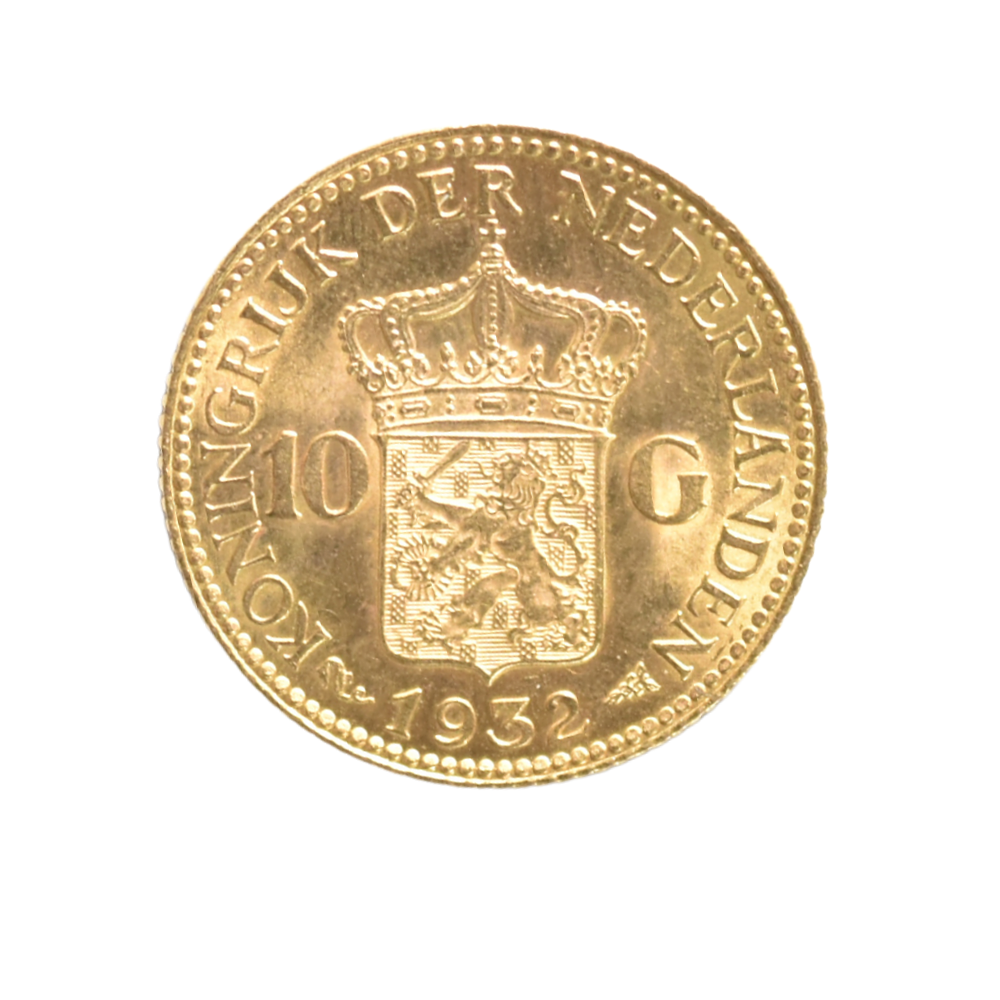 Moneda de Oro Países Bajos 10 Gulden 1932 Reina Wilhelmina (Oro 900)