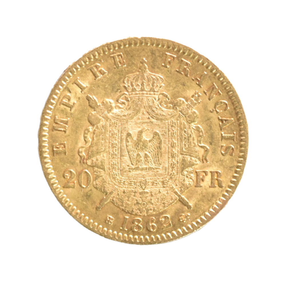 Moneda de Oro Francia 20 Francos 1862 Napoleón III (Cabeza Laureada)
