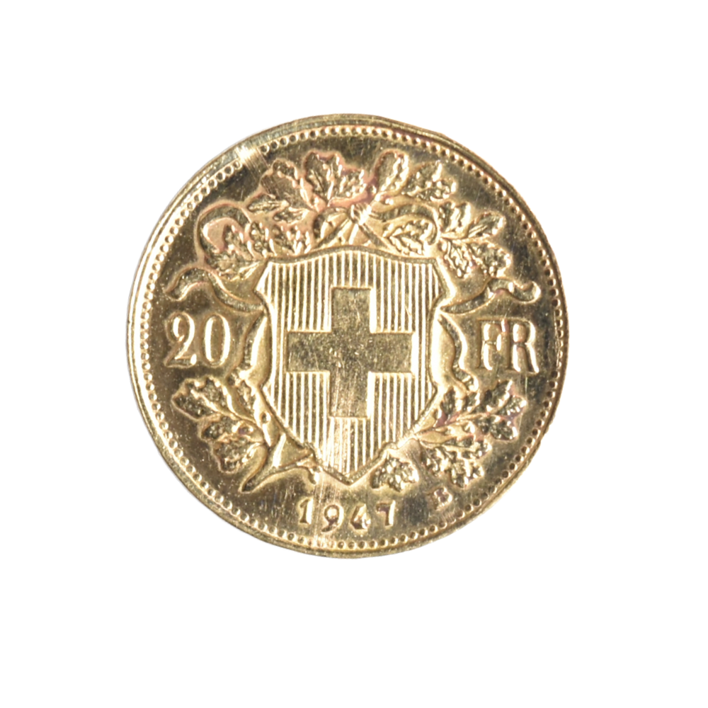 Moneda de Oro 20 Francos Suiza Helvetia “Vreneli” 1947 (Ceca B)
