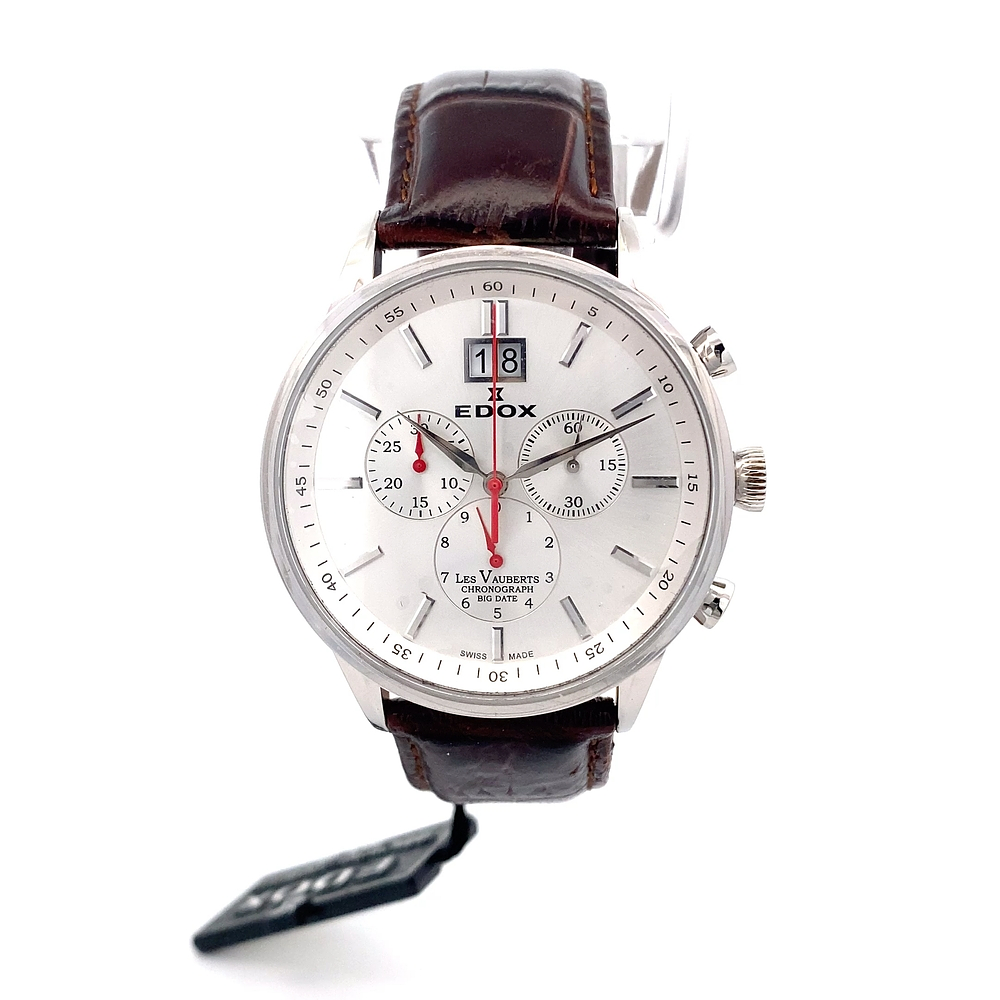 Reloj Edox Les Vauberts Chronograph Big Date 10010 Hombre Acero 40 mm Esfera Plateada