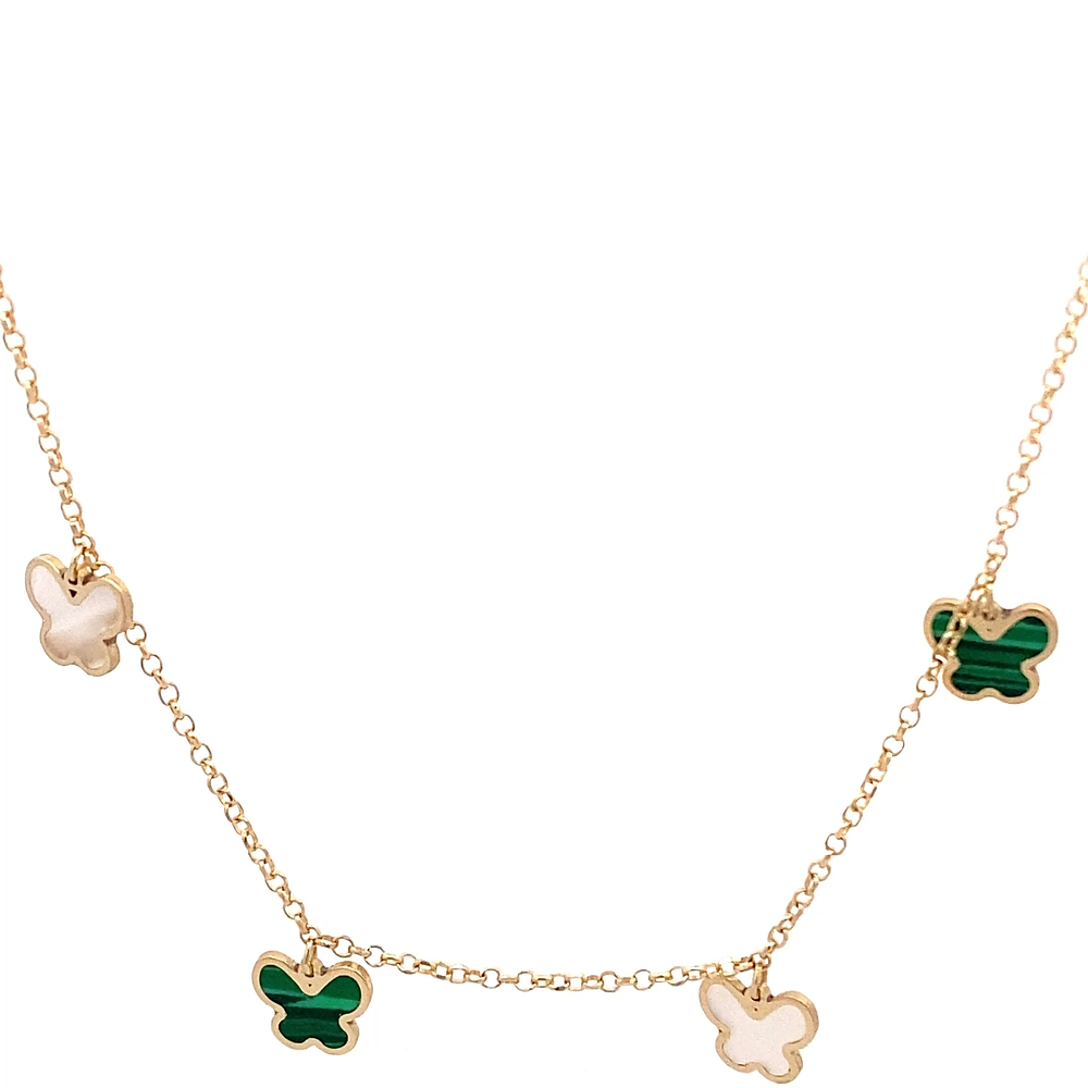 Cadena de Oro Amarillo 18K Rolo con Mariposas, Nácar y Malaquita