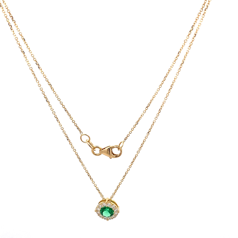 Cadena de Oro Amarillo 18K Rolo con Halo, 1 Piedra Verde y Micropiedras Incoloras