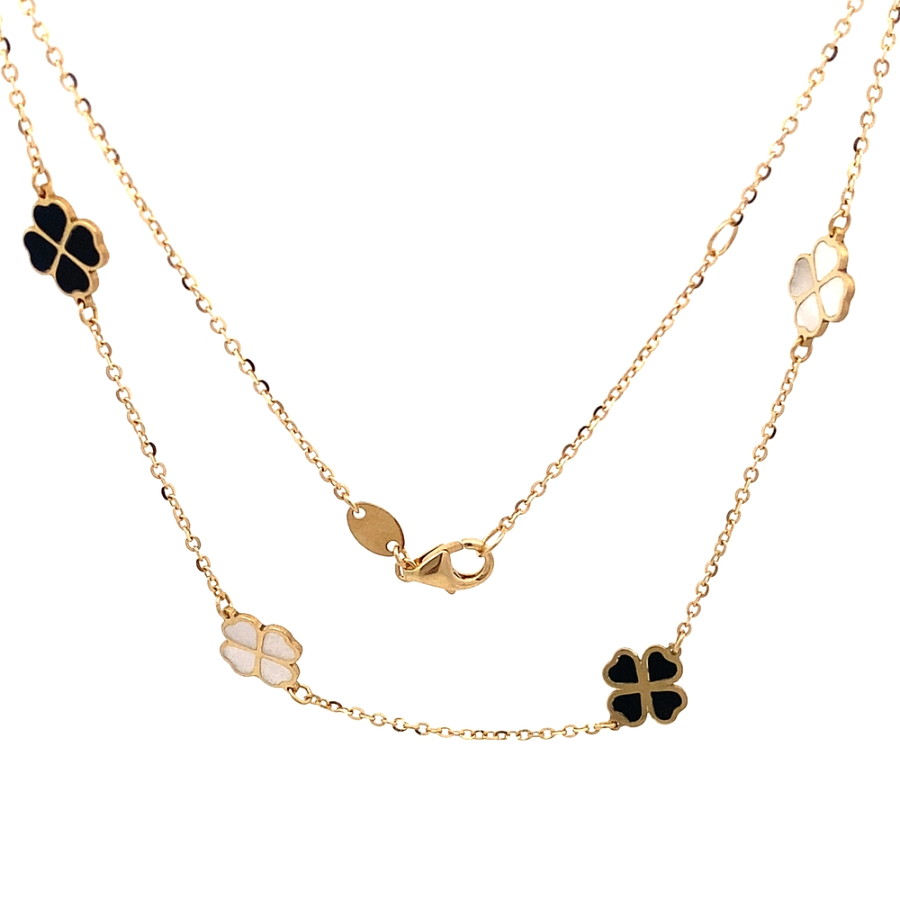 Cadena de Oro Amarillo 18K Labrada con Dijes Flores de Trébol, Piedras Negras y Nácar