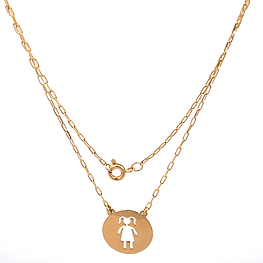 Cadena de Oro Amarillo 18K Limada con Dije Medalla Circular Calada Niña
