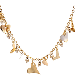 Cadena de Oro Amarillo 18K Gargantilla Labrada con Colgantes Móviles Esferas y Corazones de Dos Oros
