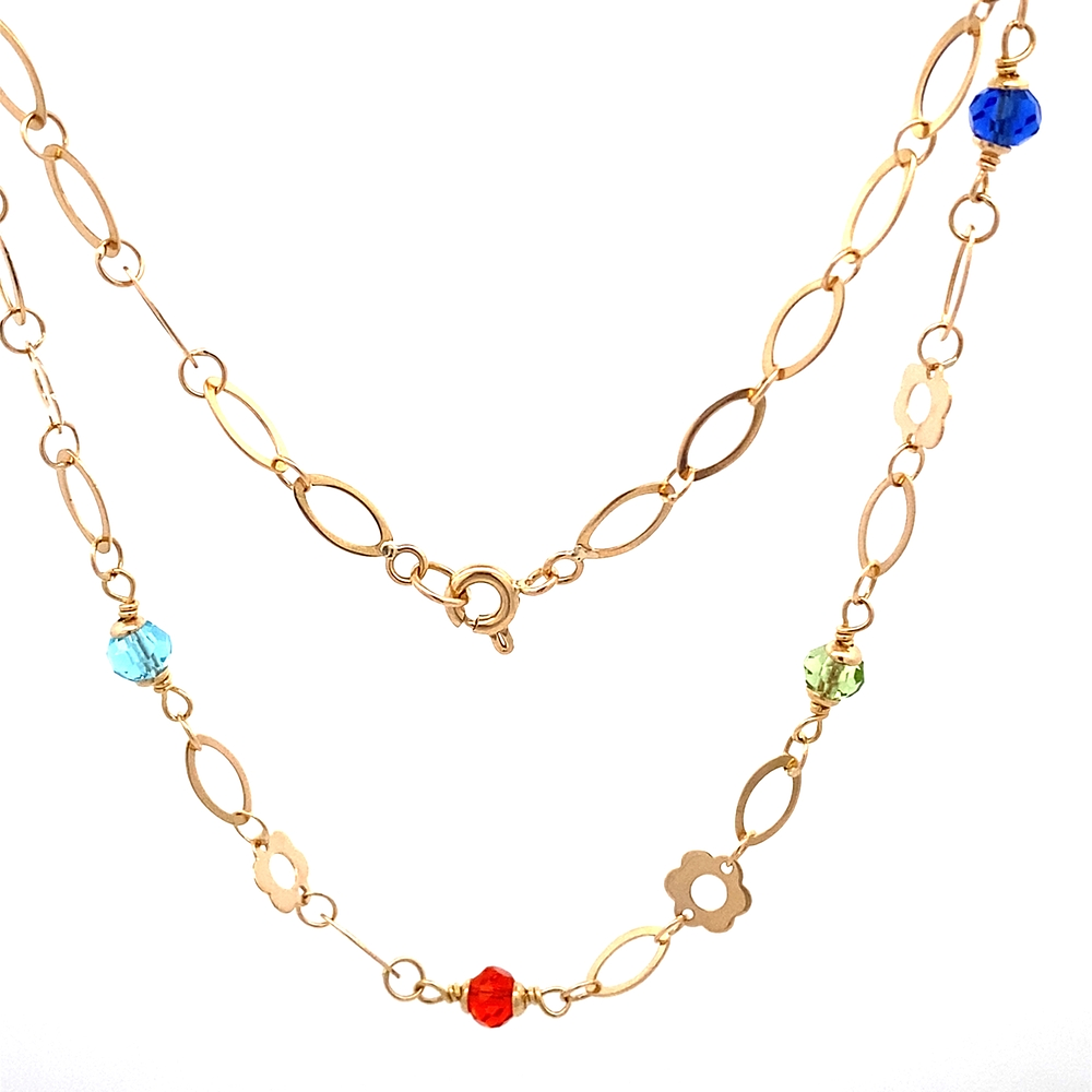Cadena de Oro Amarillo 18K Ovalada Calada con Flores y Piedras Multicolores