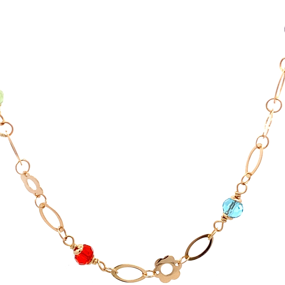 Cadena de Oro Amarillo 18K Ovalada Calada con Flores y Piedras Multicolores
