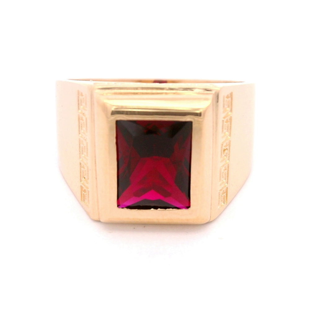 Anillo de Oro Amarillo 18K Sello Tallado Laterales con Piedra Fucsia Rectangular