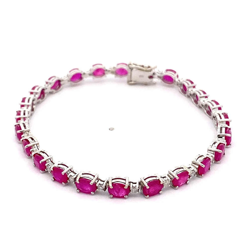 Pulsera de Oro Blanco 18K Tennis Rodinada con Diamantes y Rubíes Sintéticos