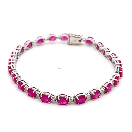 Pulsera de Oro Blanco 18K Tennis Rodinada con Diamantes y Rubíes Sintéticos