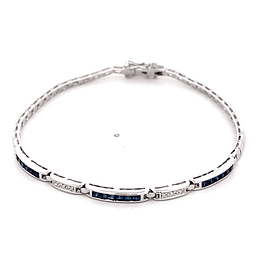 Pulsera de Oro Blanco 18K Articulada Rodinada con Diamantes y Micropiedras Azules