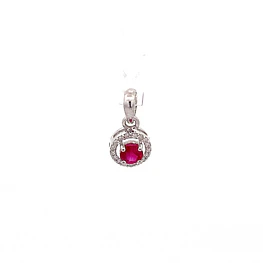 Colgante de Oro Blanco 18K Halo con Diamantes y Rubí Sintético