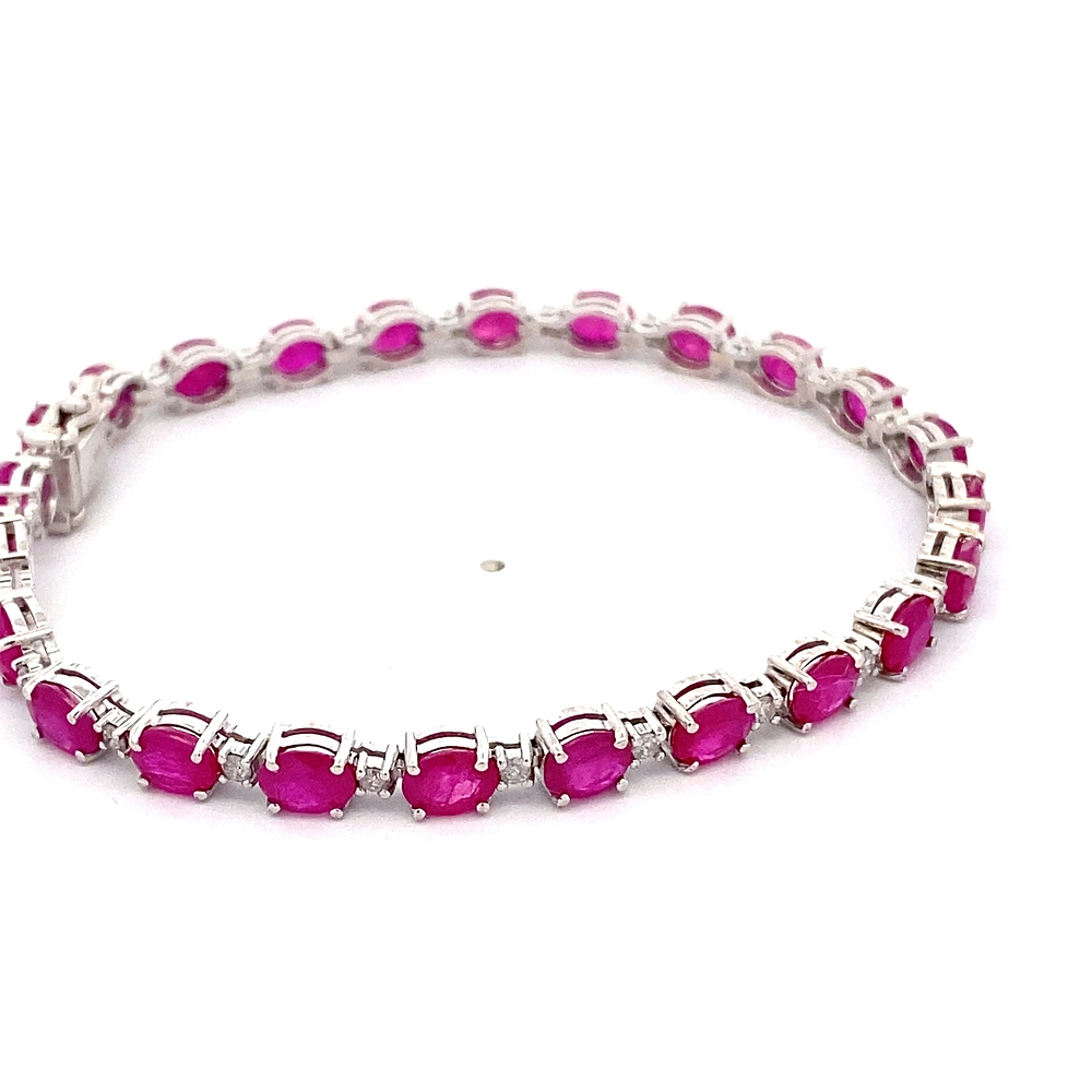 Pulsera de Oro Blanco 18K Tennis Rodinada con Diamantes y Rubíes Sintéticos