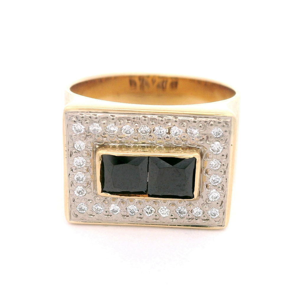 Anillo de Oro Amarillo 18K Sello con Diamantes y 2 Piedras Negras