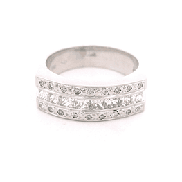 Anillo de Oro Blanco 18K Cintillo Rodinado Tres Hileras con Diamantes
