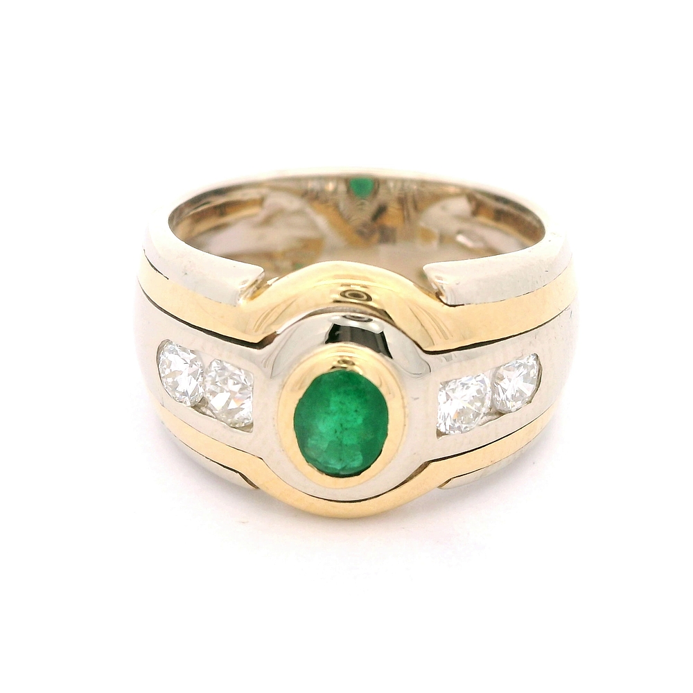 Anillo de Oro Bicolor 18K Bombé con Diamantes y Esmeralda Oval Central