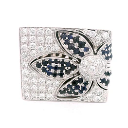 Anillo de Oro Blanco 18K Sello Rectangular Rodinado con Diamantes y Piedras Azules