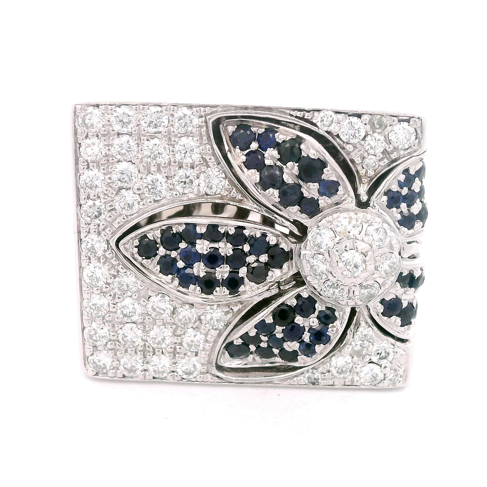 Anillo de Oro Blanco 18K Sello Rectangular Rodinado con Diamantes y Piedras Azules