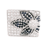 Anillo de Oro Blanco 18K Sello Rectangular Rodinado con Diamantes y Piedras Azules