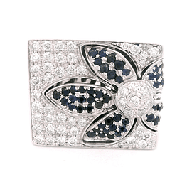 Anillo de Oro Blanco 18K Sello Rectangular Rodinado con Diamantes y Piedras Azules