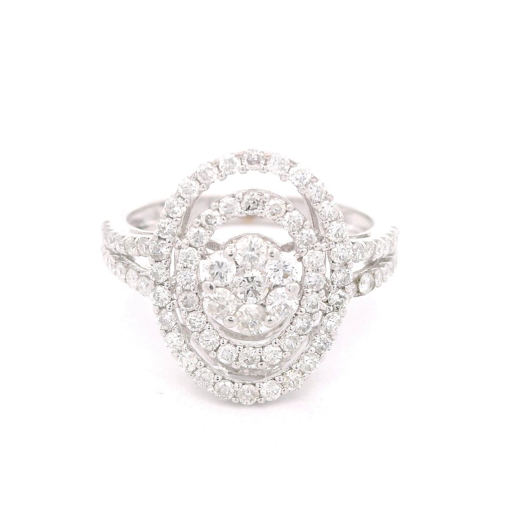 Anillo de Oro Blanco 18K Calado Ovalado con Flor y Diamantes