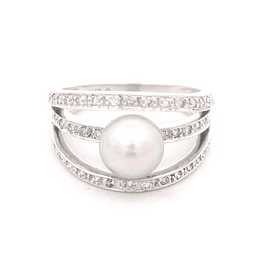 Anillo de Oro Blanco 14K Cintillo Tres Hileras Calado Rodinado con Diamantes y Perla Central