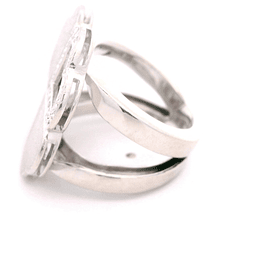 Anillo de Oro Blanco 18K Flor Trébol Mateada Calada con Diamantes