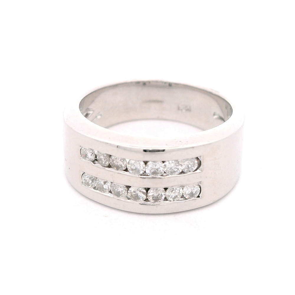 Anillo de Oro Blanco 18K Cintillo Rodinado Dos Hileras con 14 Diamantes